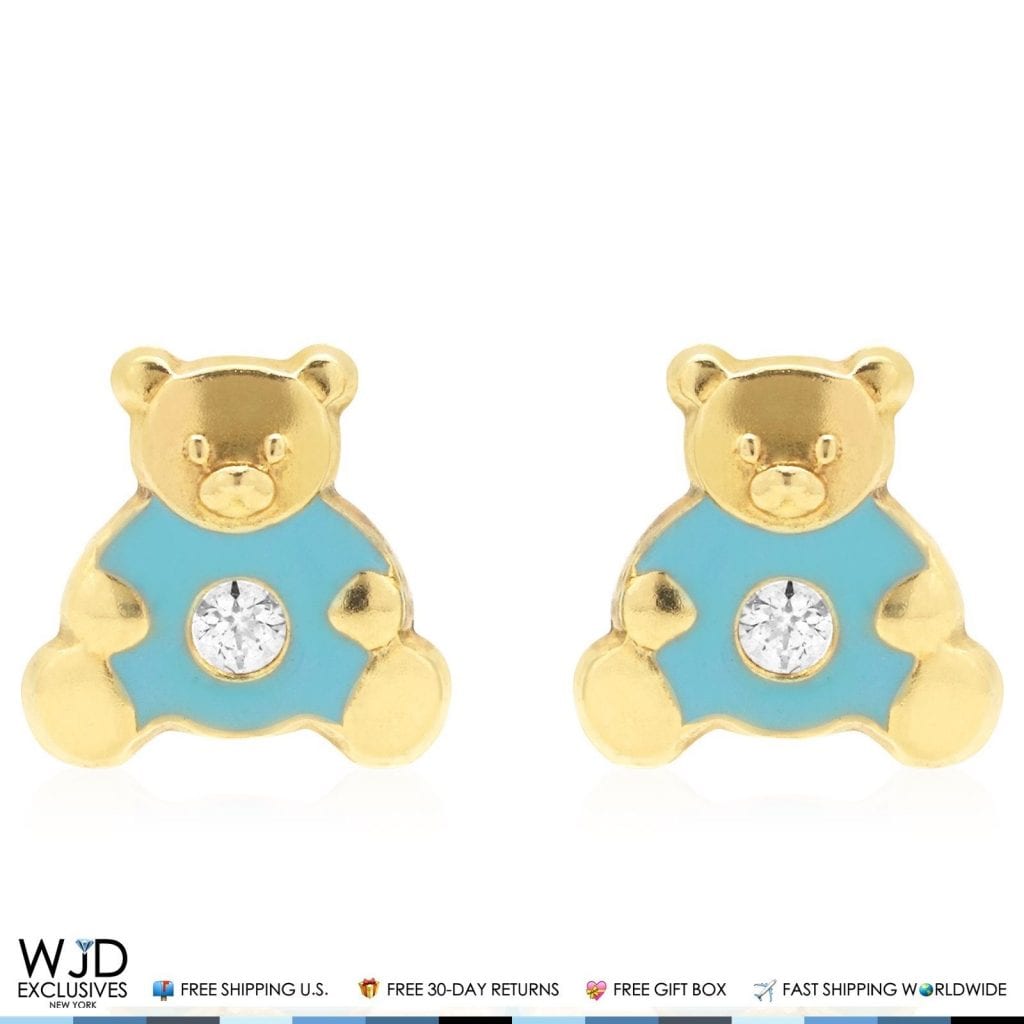 14K Real Gold Enamel CZ Teddy Bear Screwback Stud Earrings
