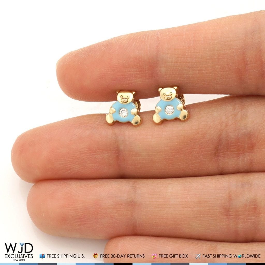14K Real Gold Enamel CZ Teddy Bear Screwback Stud Earrings