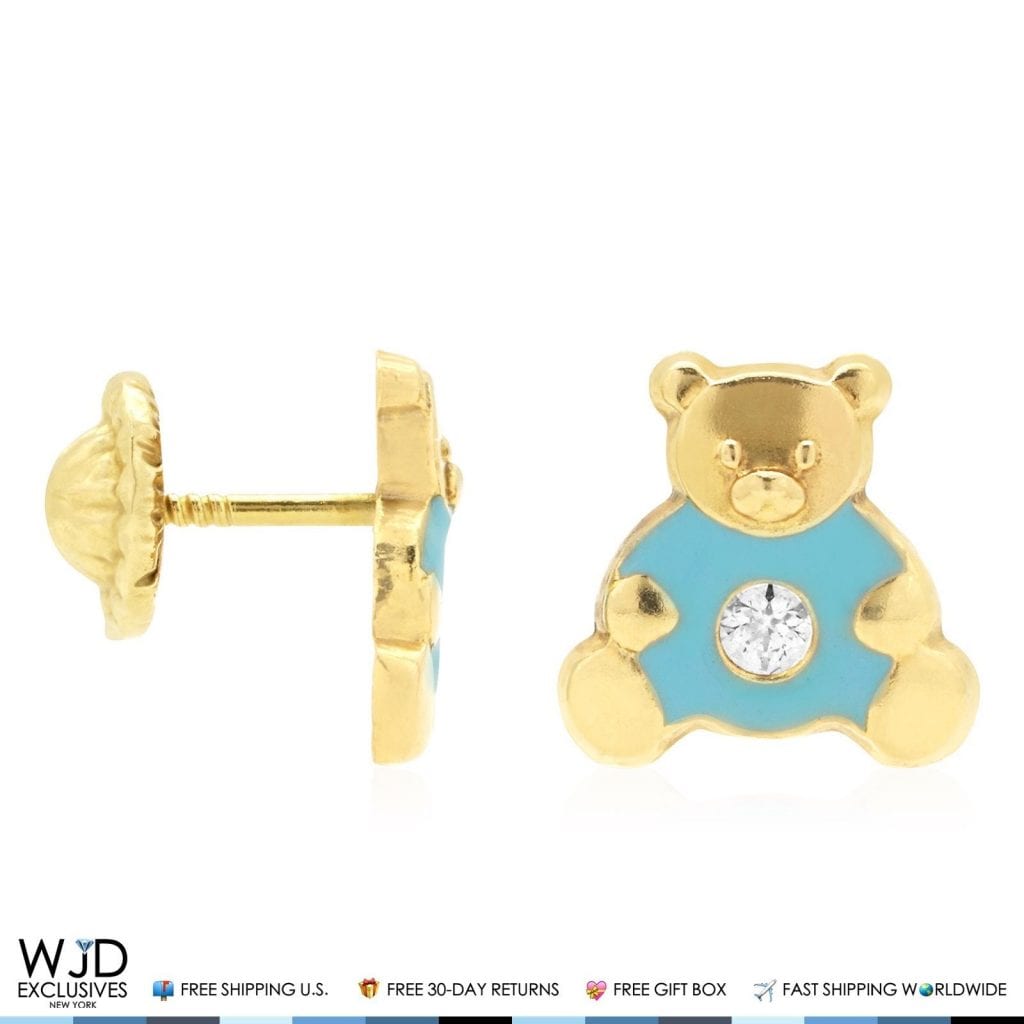 14K Real Gold Enamel CZ Teddy Bear Screwback Stud Earrings