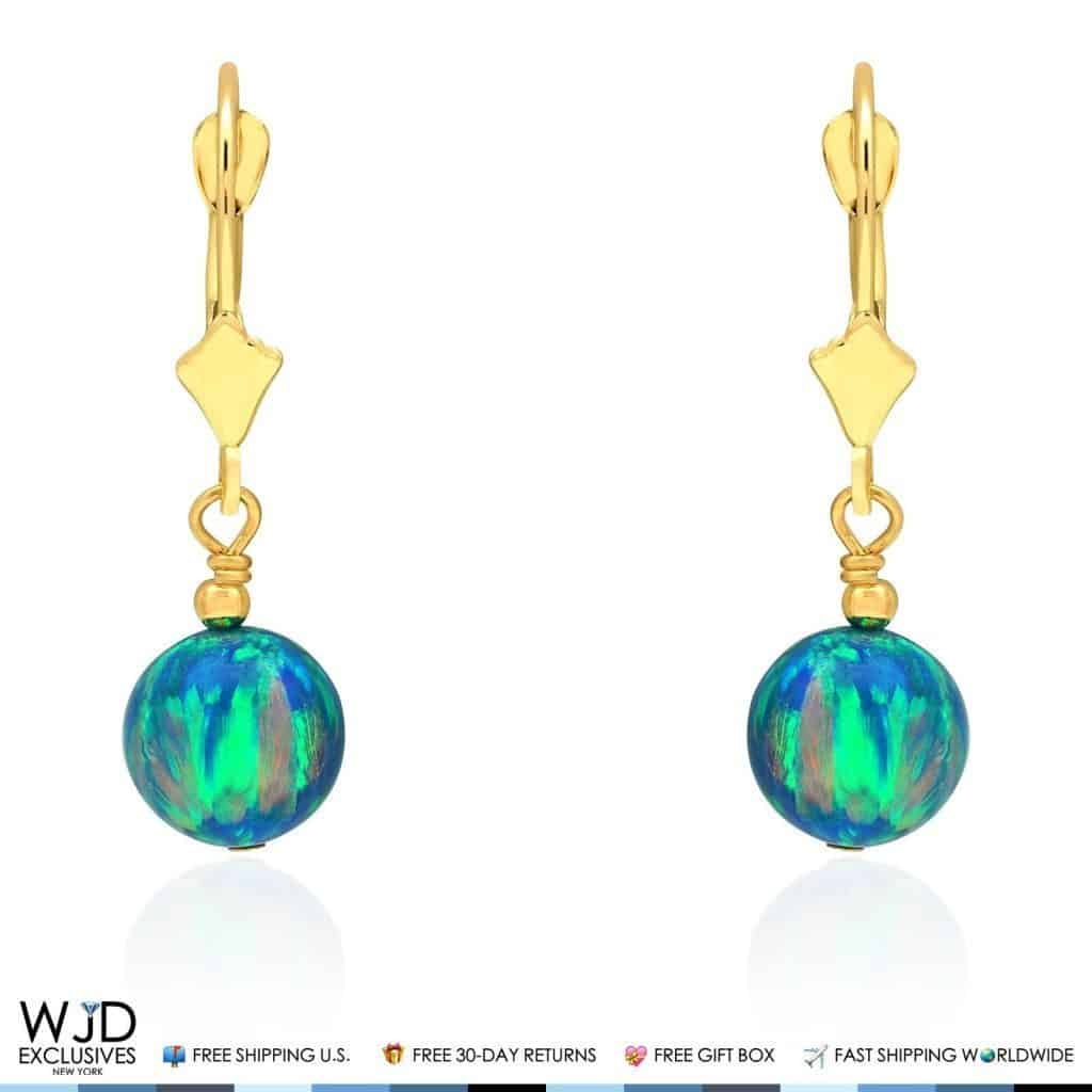 14K Solid Yellow Gold Blue Fiery Opal Ball Lever Back Dangle Drop Earrings 1.1"