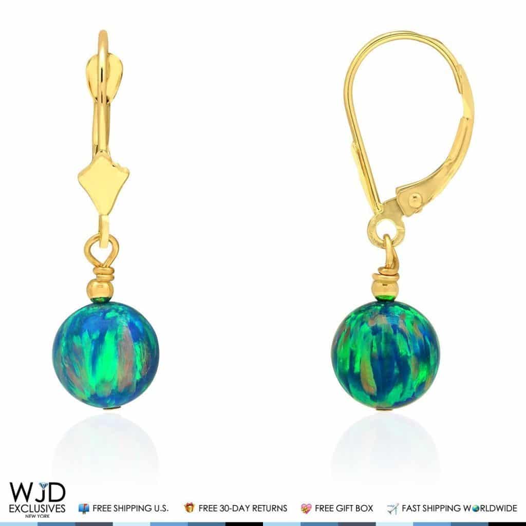 14K Solid Yellow Gold Blue Fiery Opal Ball Lever Back Dangle Drop Earrings 1.1"