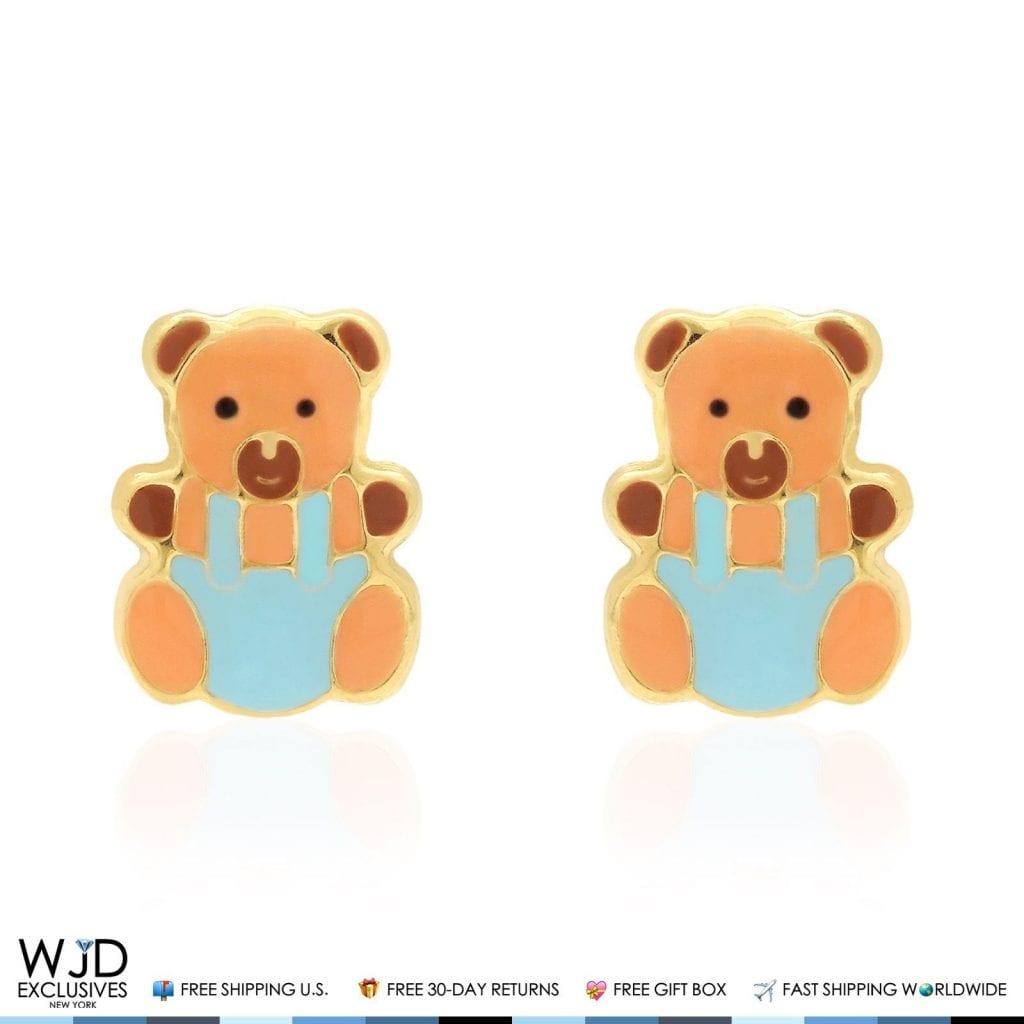 14K Solid Yellow Gold Brown Enamel Teddy Bear Baby Screwback Stud Kids Earrings