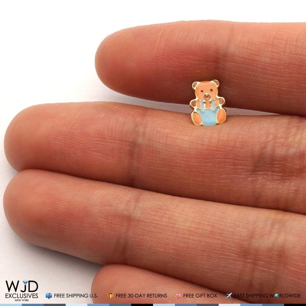 14K Solid Yellow Gold Brown Enamel Teddy Bear Baby Screwback Stud Kids Earrings