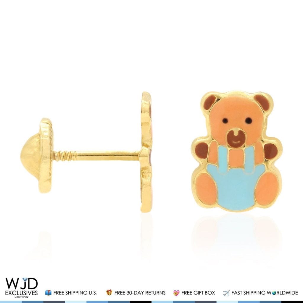 14K Solid Yellow Gold Brown Enamel Teddy Bear Baby Screwback Stud Kids Earrings