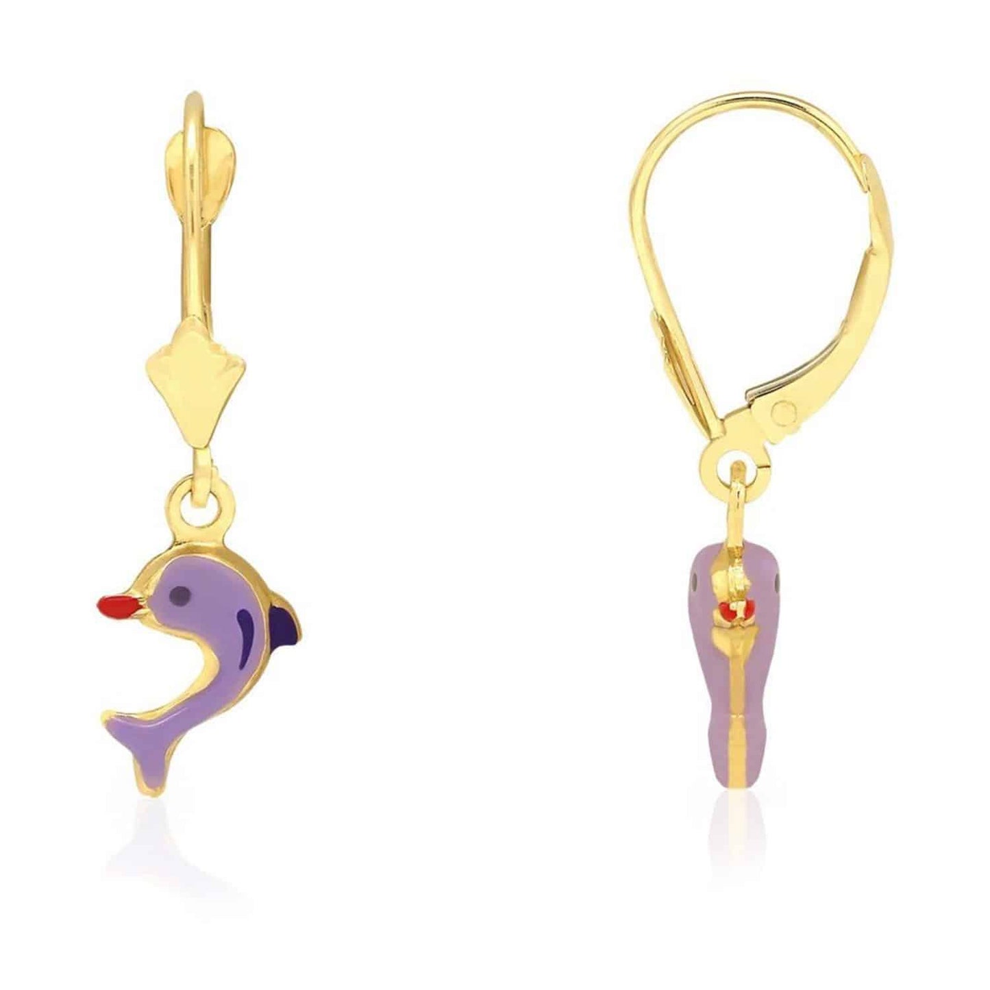 Kid's 14K Gold Yellow Pink Purple Blue Green Enamel Dolphin Leverback Earrings
