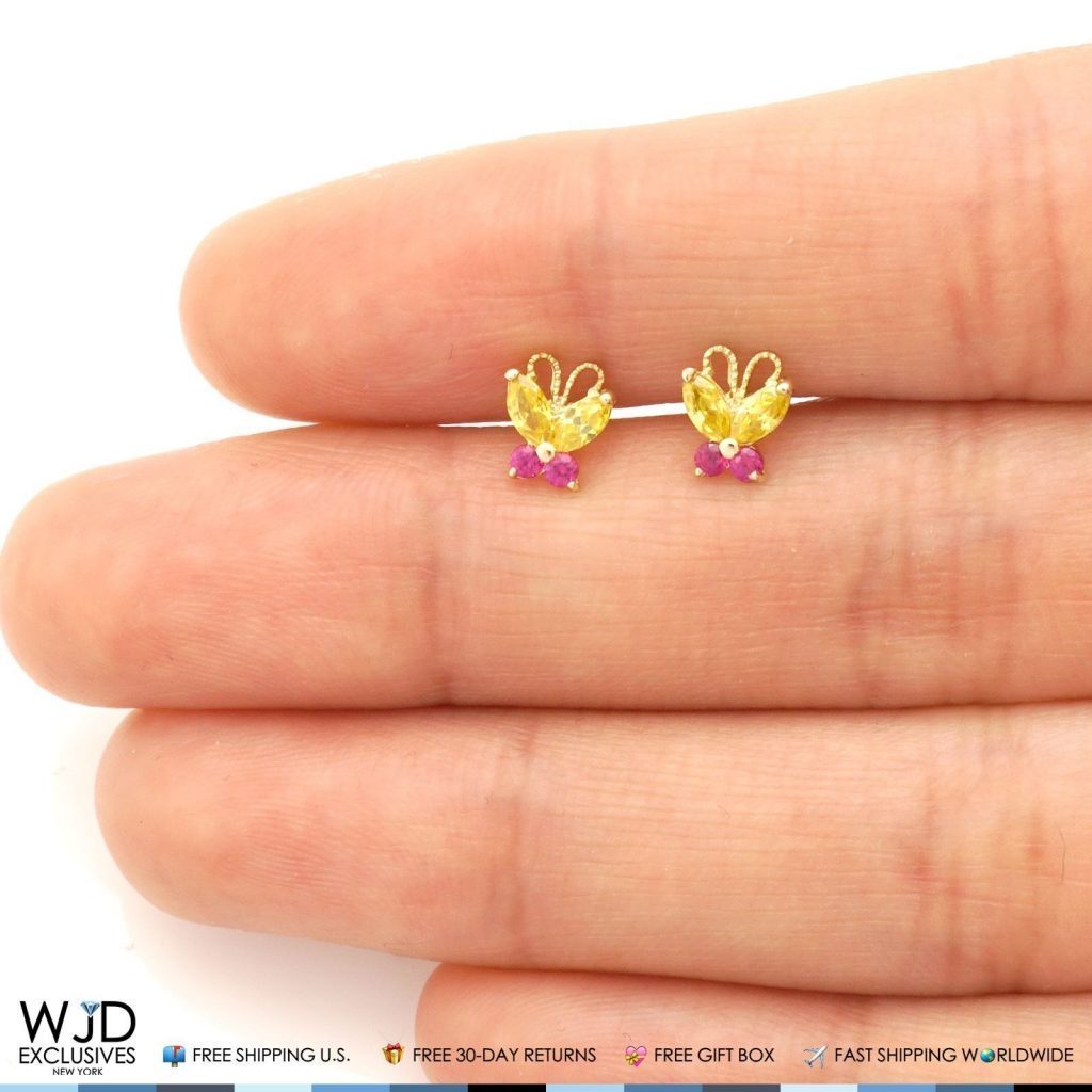 14K Solid Yellow Gold Citrine & Ruby Butterfly Baby Screwback Stud Kid Earrings
