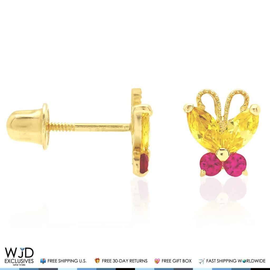 14K Solid Yellow Gold Citrine & Ruby Butterfly Baby Screwback Stud Kid Earrings