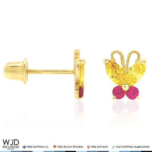 14K Yellow Gold Citrine & Ruby Butterfly Baby Screwback Stud Kid Earrings