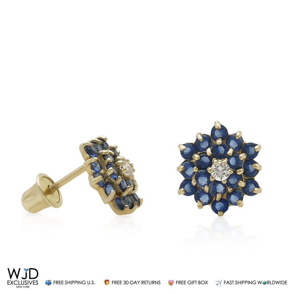 14K Solid Yellow Gold Created Blue Sapphire Flower Stud Earrings 7.5mm
