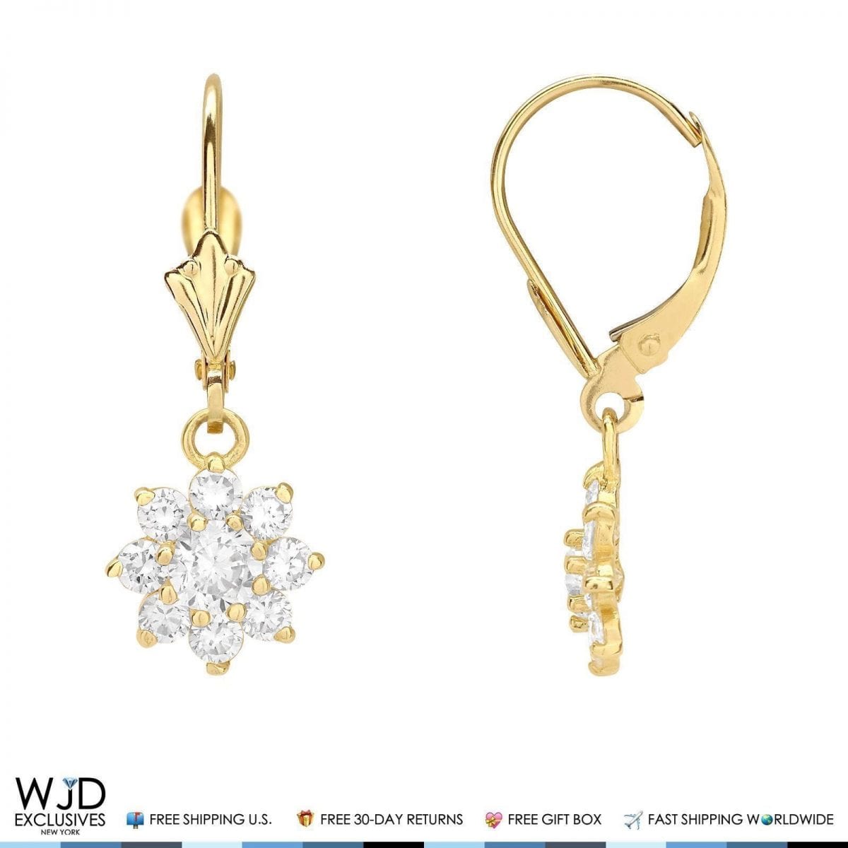 14K Yellow Gold CZ Birthstone Flower Dangle Leverback Earrings