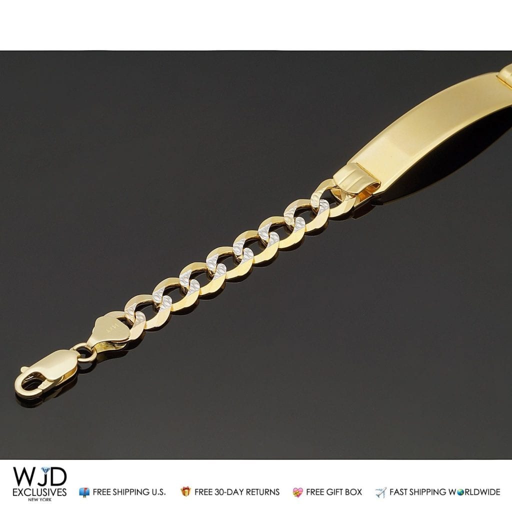 Solid 14K Gold Yellow Diamond Cut 10mm wide Cuban Curb Id Men's Bracelet 8"