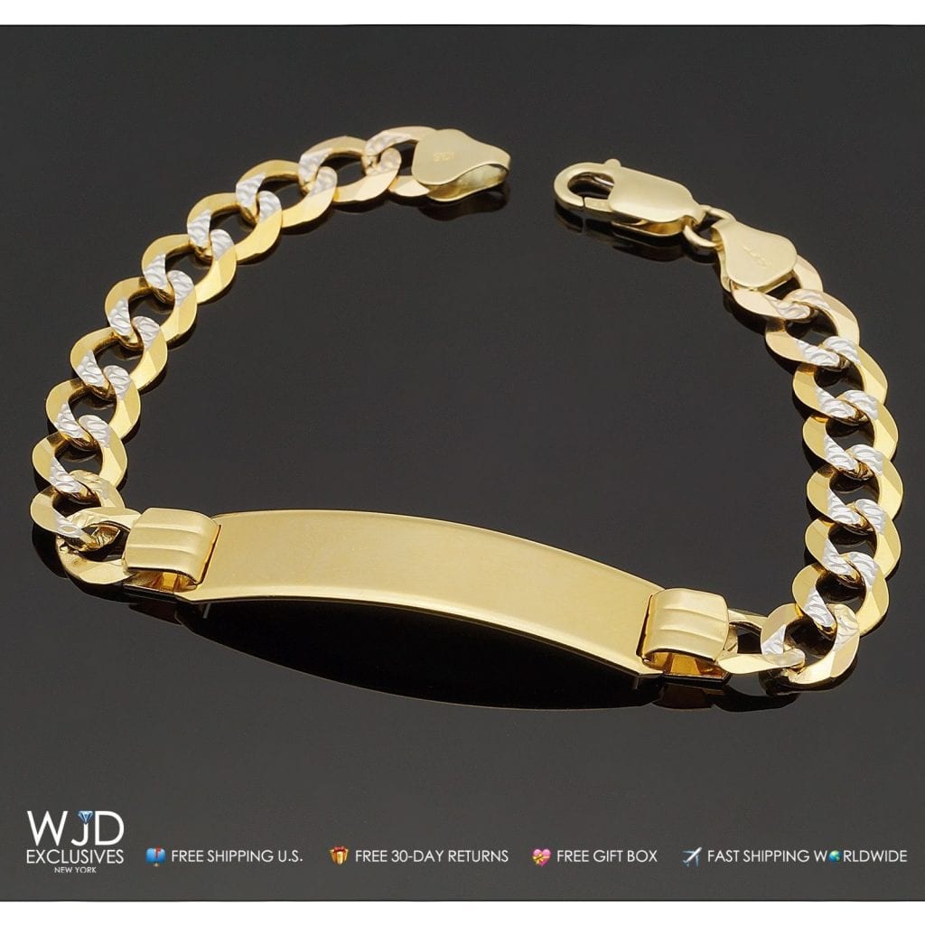 Solid 14K Gold Yellow Diamond Cut 10mm wide Cuban Curb Id Men's Bracelet 8"