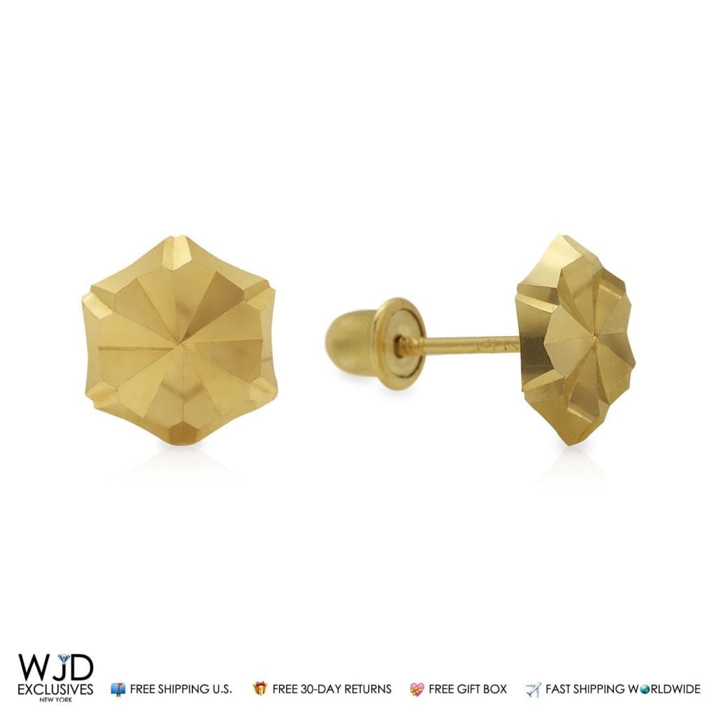 14K Solid Yellow Gold Diamond Cut 7mm Hexagon Screw Back Stud Earrings