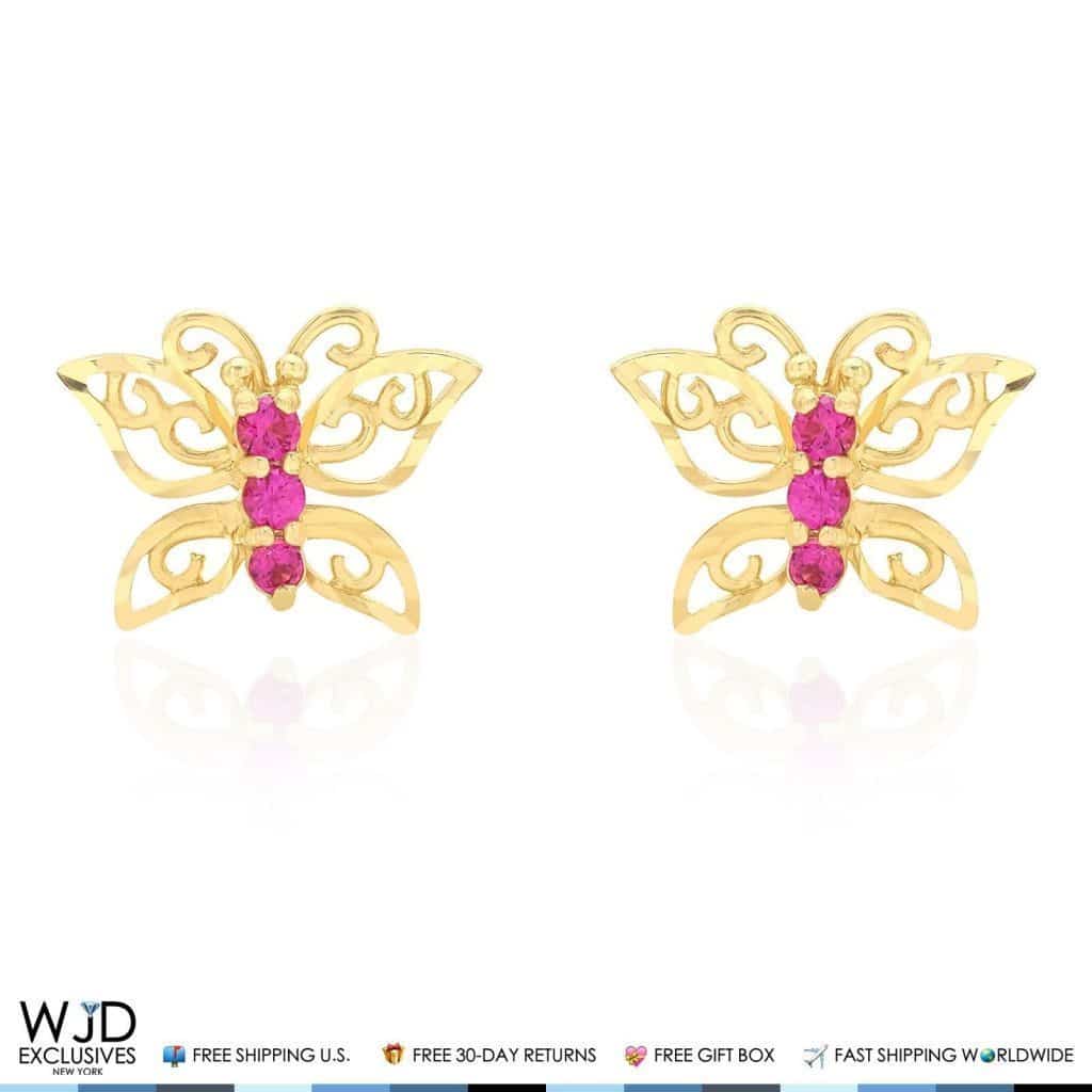 Kid's 14K Yellow Gold Simulated Ruby Butterfly Screwback Stud Earrings