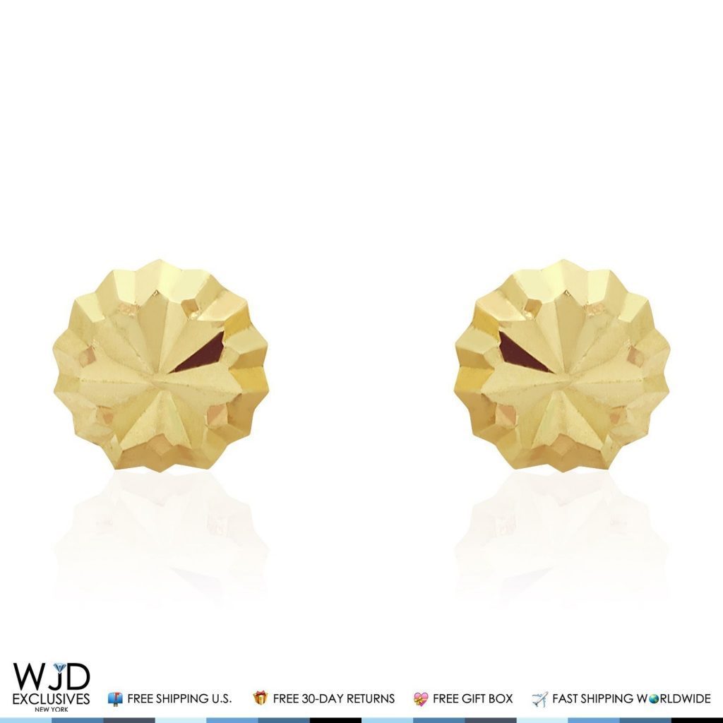 14K Solid Yellow Gold Diamond Cut Stud Earrings 5mm Round Circle Ball
