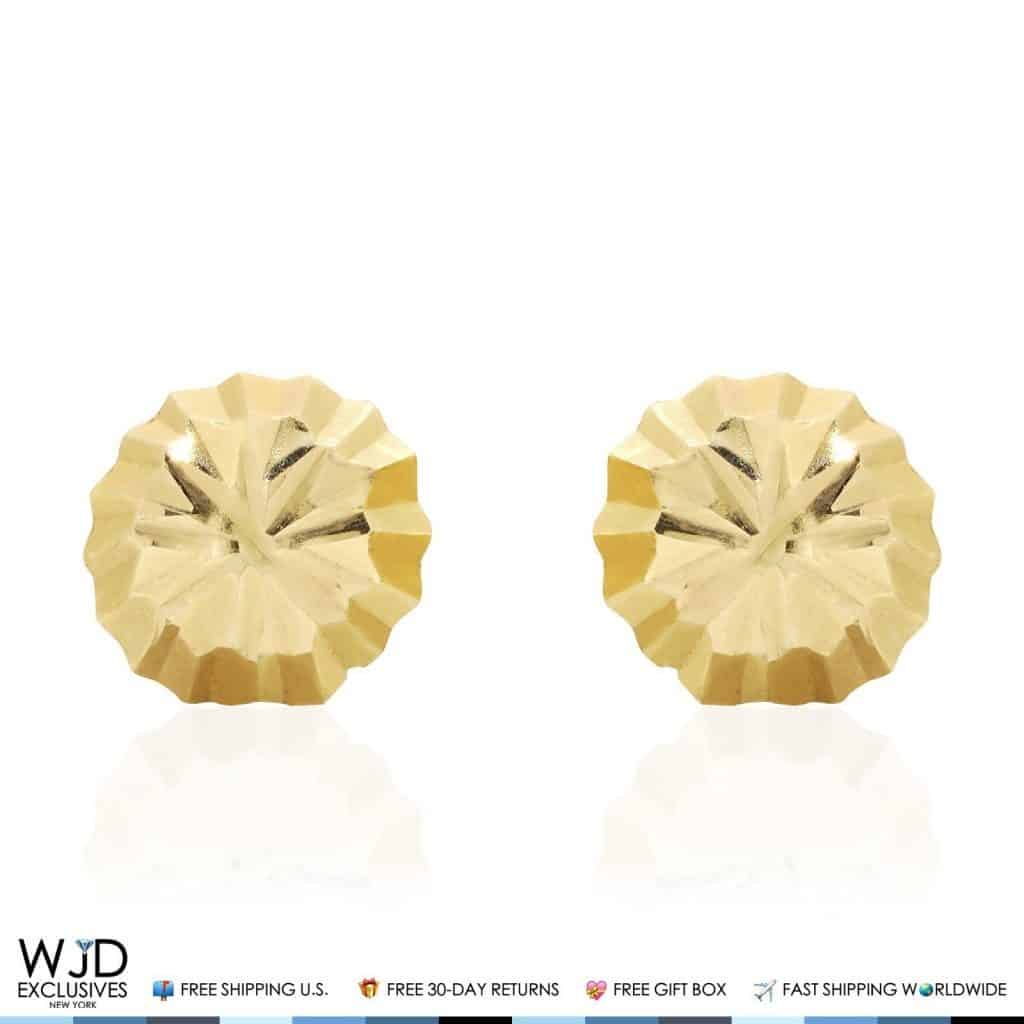 14K Solid Yellow Gold Diamond Cut Stud Earrings 6mm Round Circle Ball