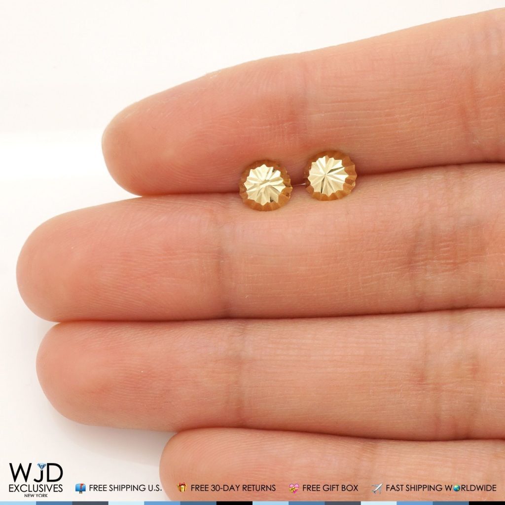 14K Solid Yellow Gold Diamond Cut Stud Earrings 6mm Round Circle Ball