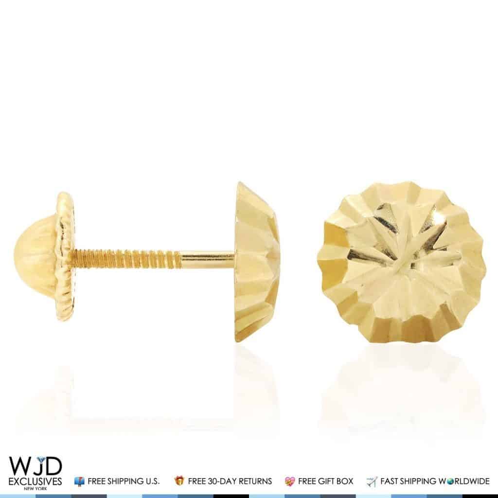 14K Solid Yellow Gold Diamond Cut Stud Earrings 6mm Round Circle Ball