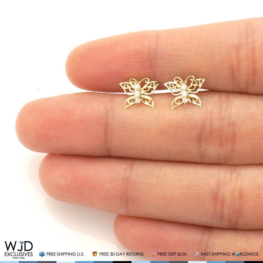 14K Yellow Gold Diamond Cut White Zircon Butterfly Screw Back Stud Earrings