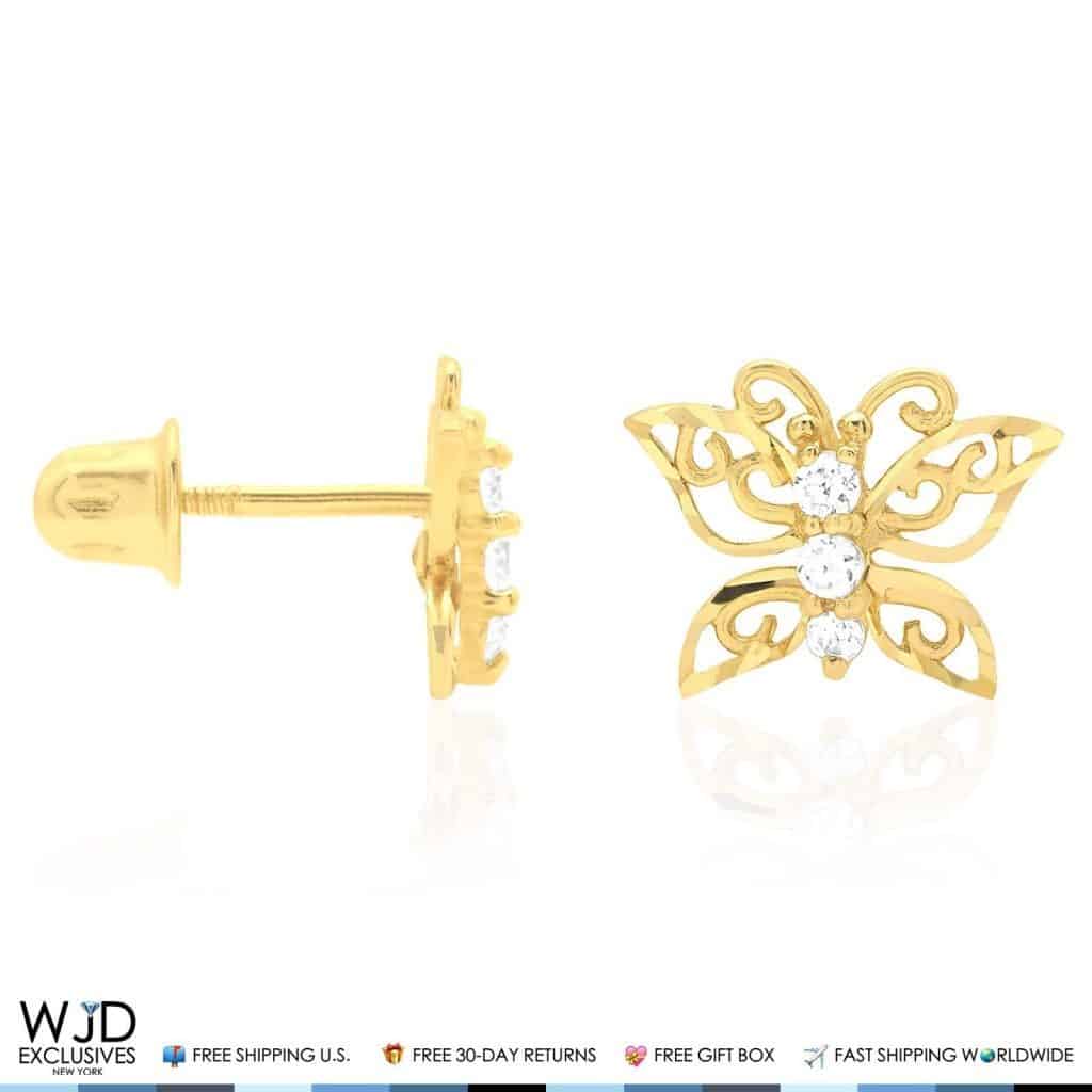 14K Yellow Gold Diamond Cut White Zircon Butterfly Screw Back Stud Earrings