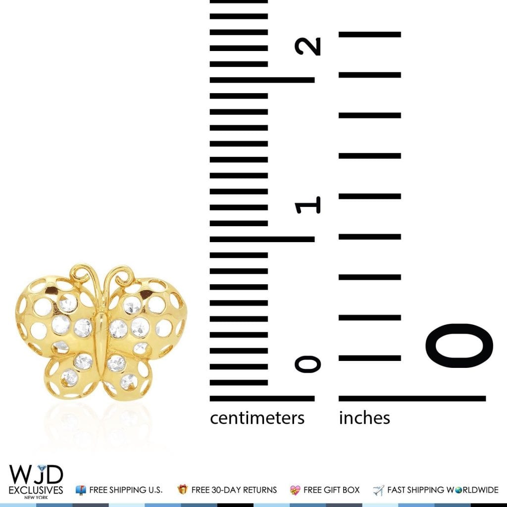 Solid 14K Yellow Gold Diamond-Cut White Zircon Butterfly Screwback Stud Earrings