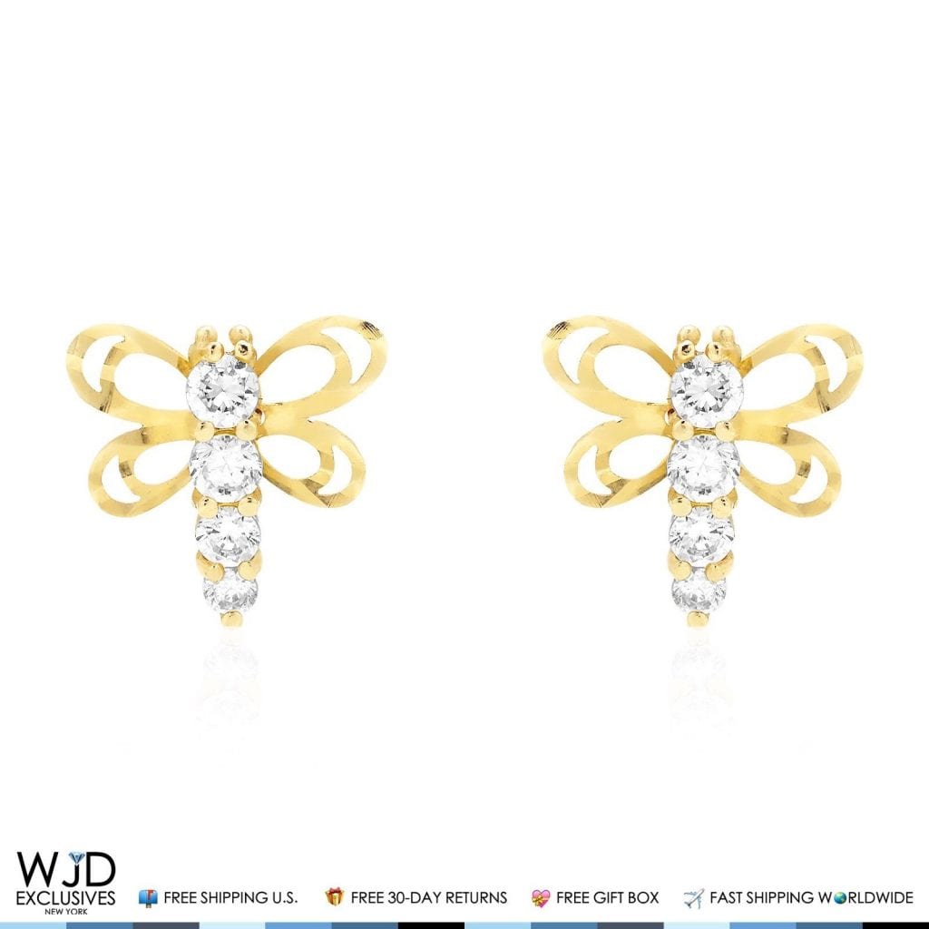 14K Solid Yellow Gold Diamond Cut White Zircon Dragonfly Screwback Stud Earrings