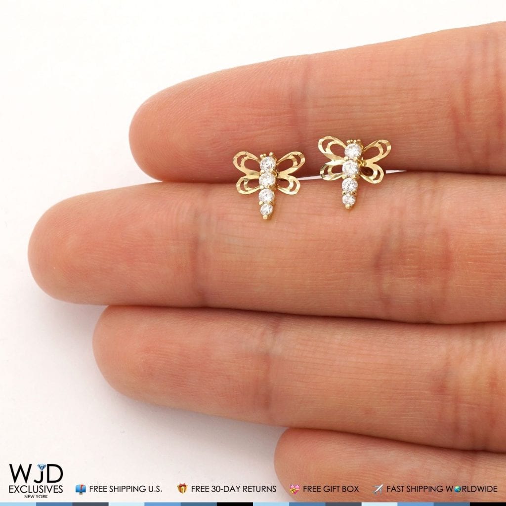 14K Solid Yellow Gold Diamond Cut White Zircon Dragonfly Screwback Stud Earrings