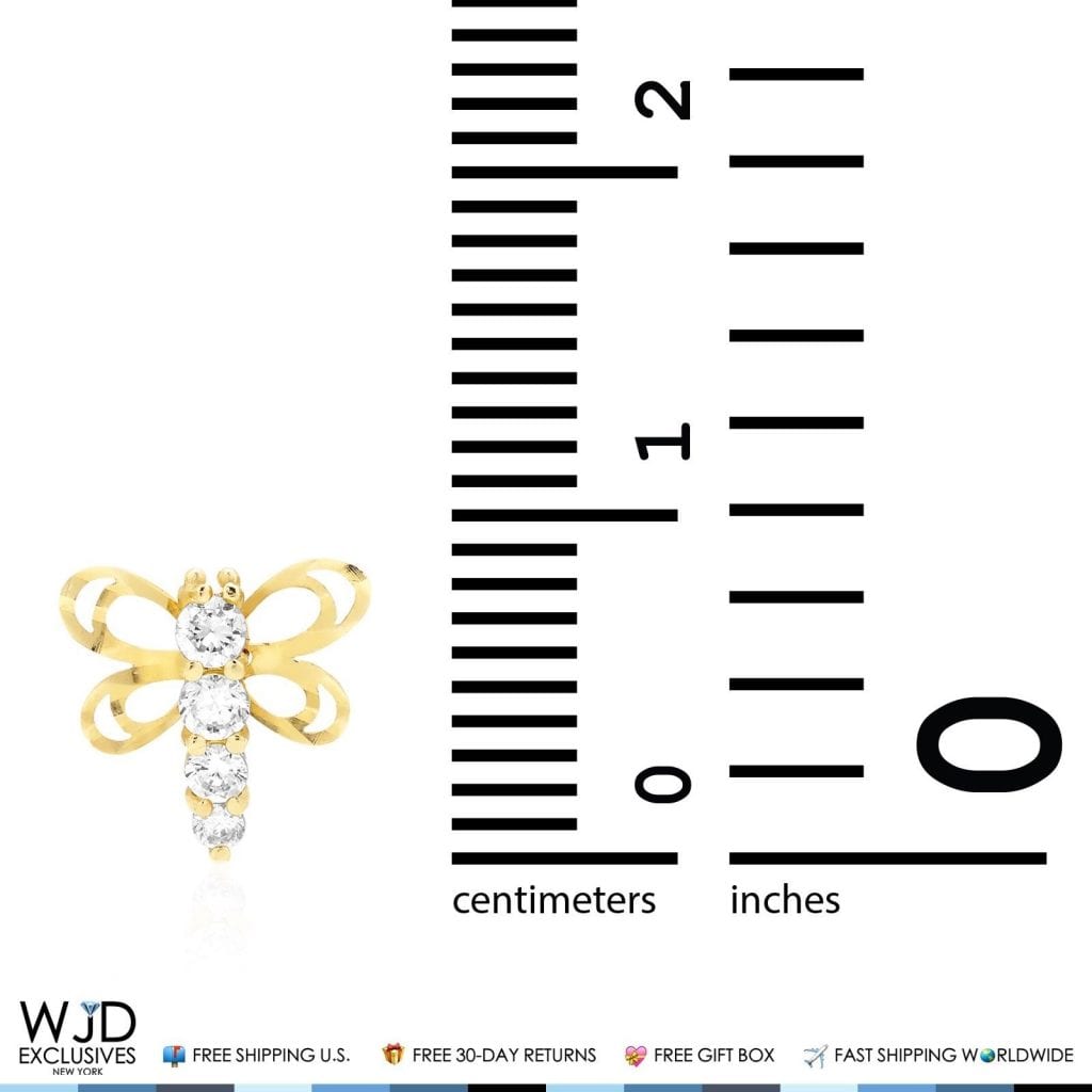 14K Solid Yellow Gold Diamond Cut White Zircon Dragonfly Screwback Stud Earrings