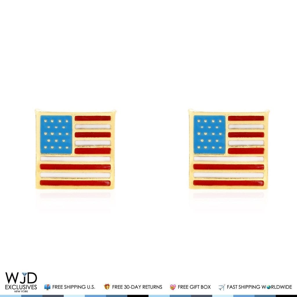 14K Solid Yellow Gold Enamel American Flag July Fourth Screw Back Stud Earrings