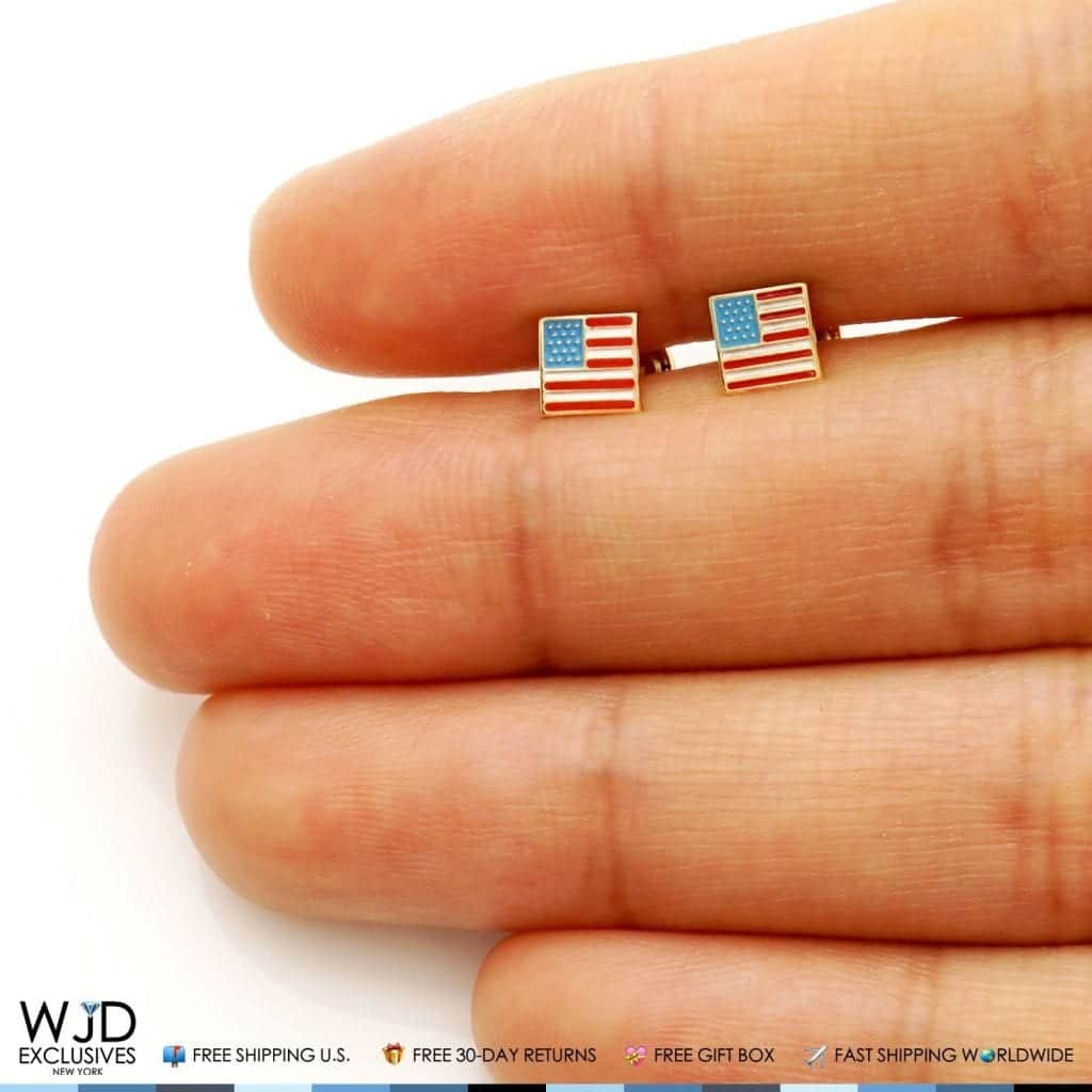 14K Solid Yellow Gold Enamel American Flag July Fourth Screw Back Stud Earrings