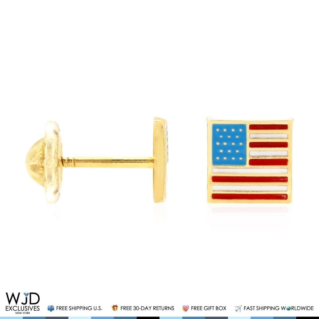 14K Solid Yellow Gold Enamel American Flag July Fourth Screw Back Stud Earrings