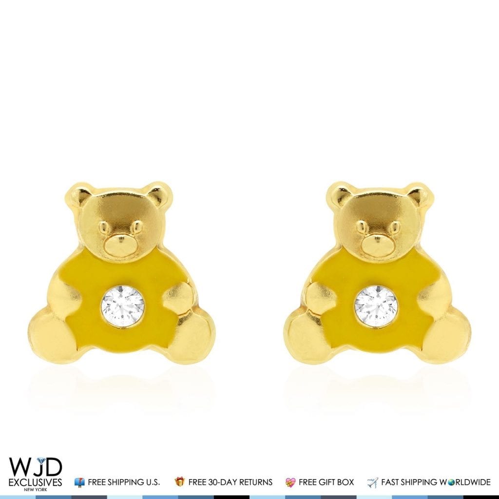 14K Real Gold Enamel CZ Teddy Bear Screwback Stud Earrings