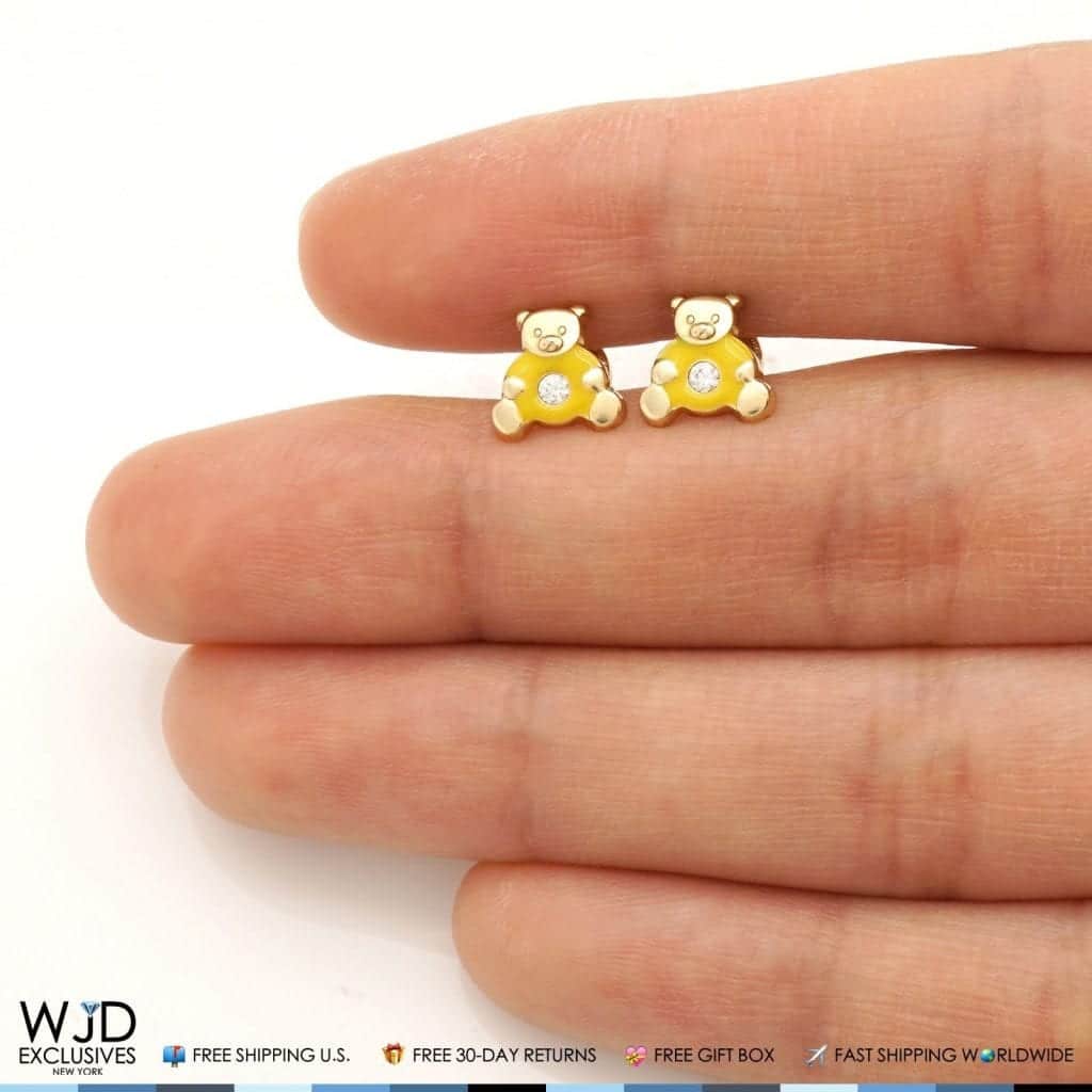 14K Real Gold Enamel CZ Teddy Bear Screwback Stud Earrings