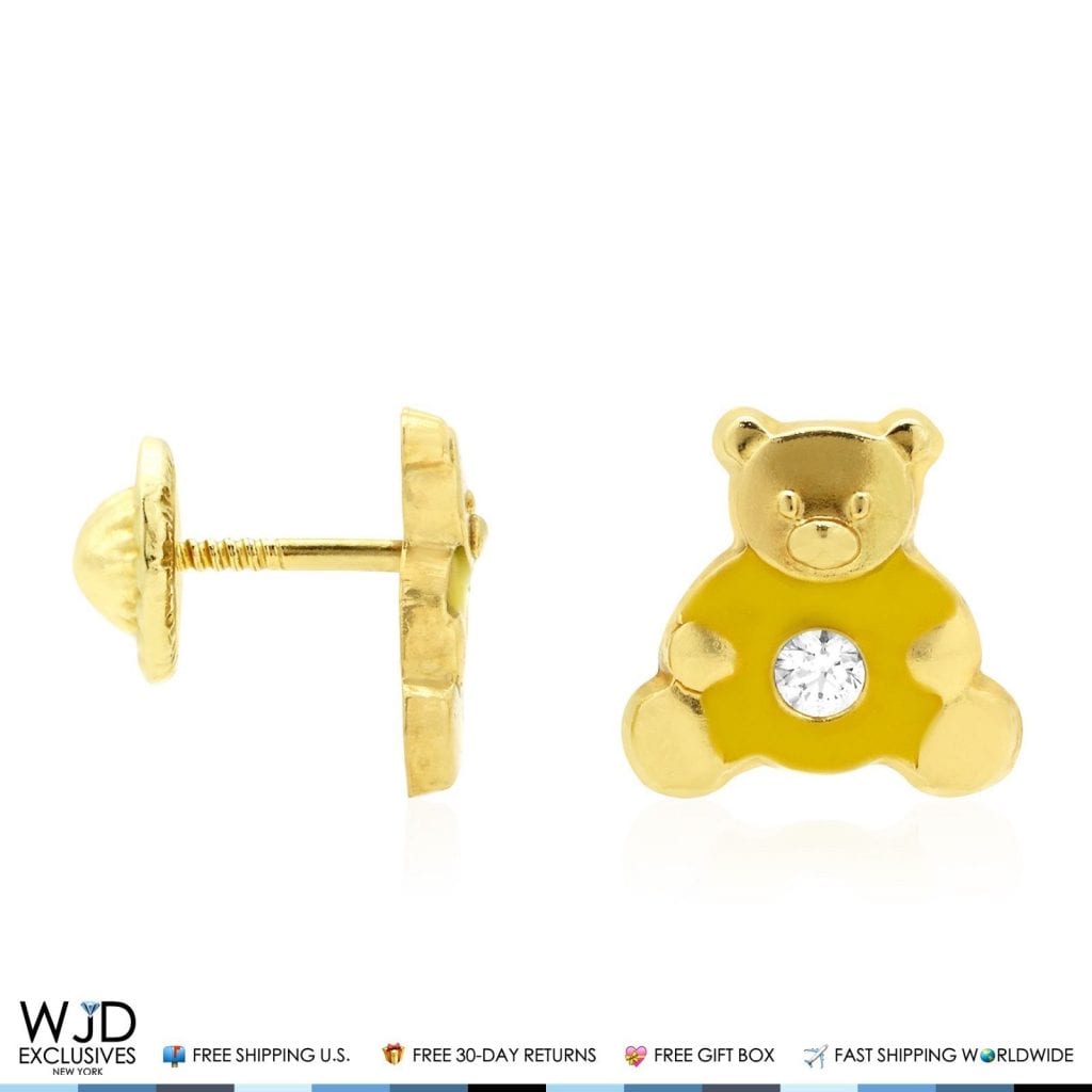 14K Real Gold Enamel CZ Teddy Bear Screwback Stud Earrings