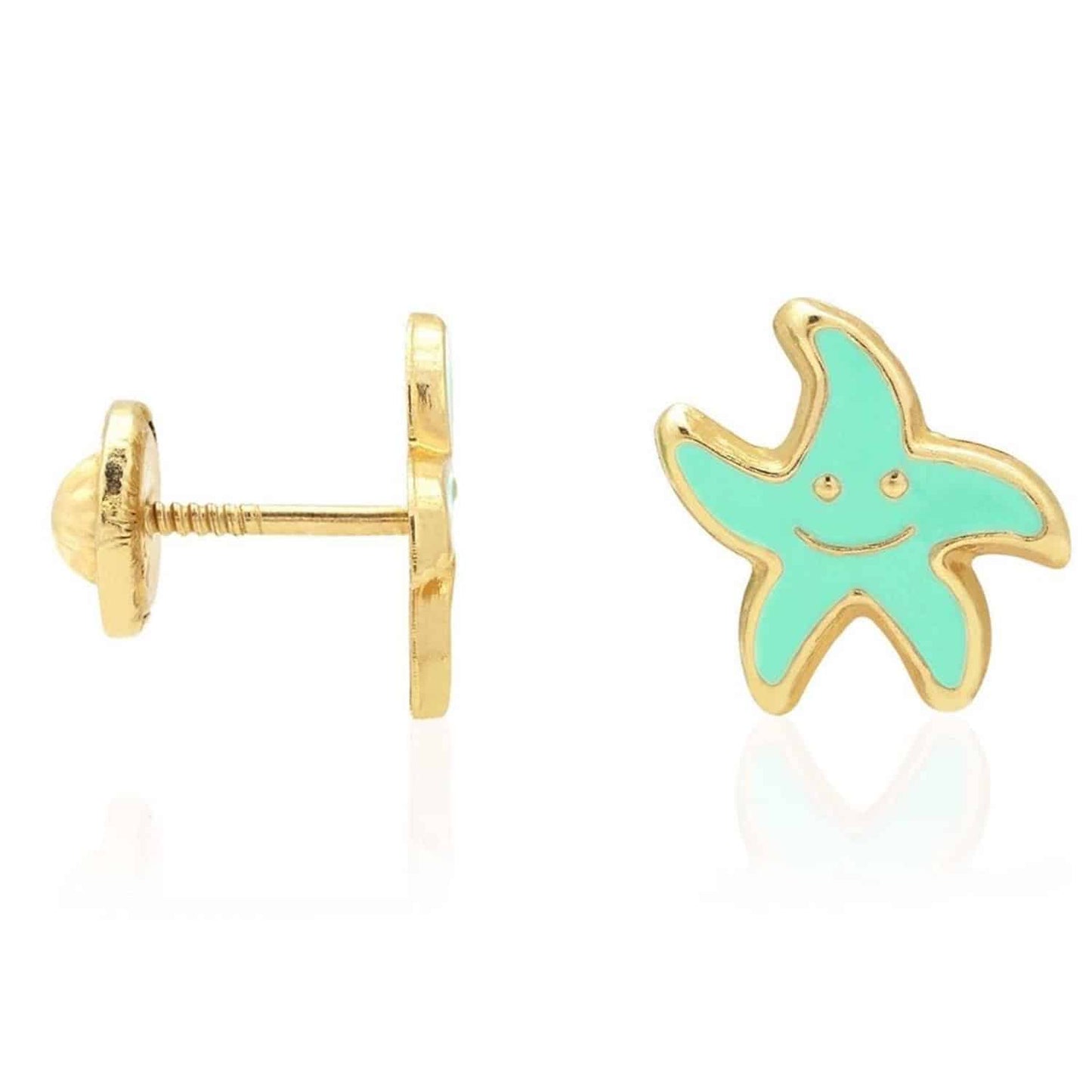 Kid's 14K Yellow Gold Blue Pink Red Green Enamel Starfish Stud Earrings