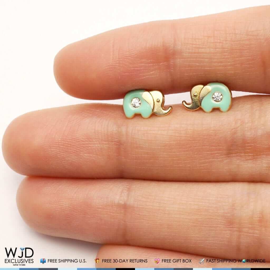 14K Yellow Gold Enamel CZ Elephant Screw Back Stud Earrings