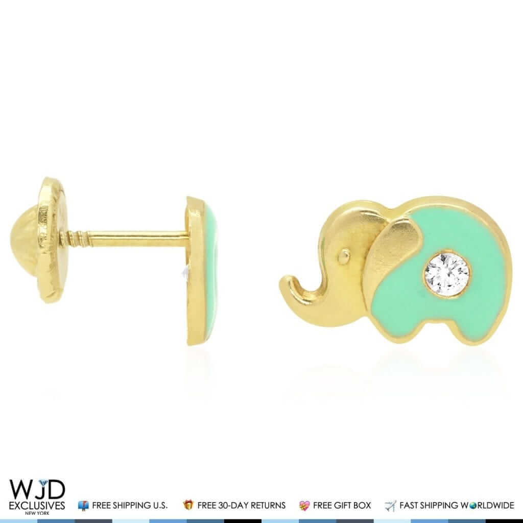 14K Yellow Gold Enamel CZ Elephant Screw Back Stud Earrings