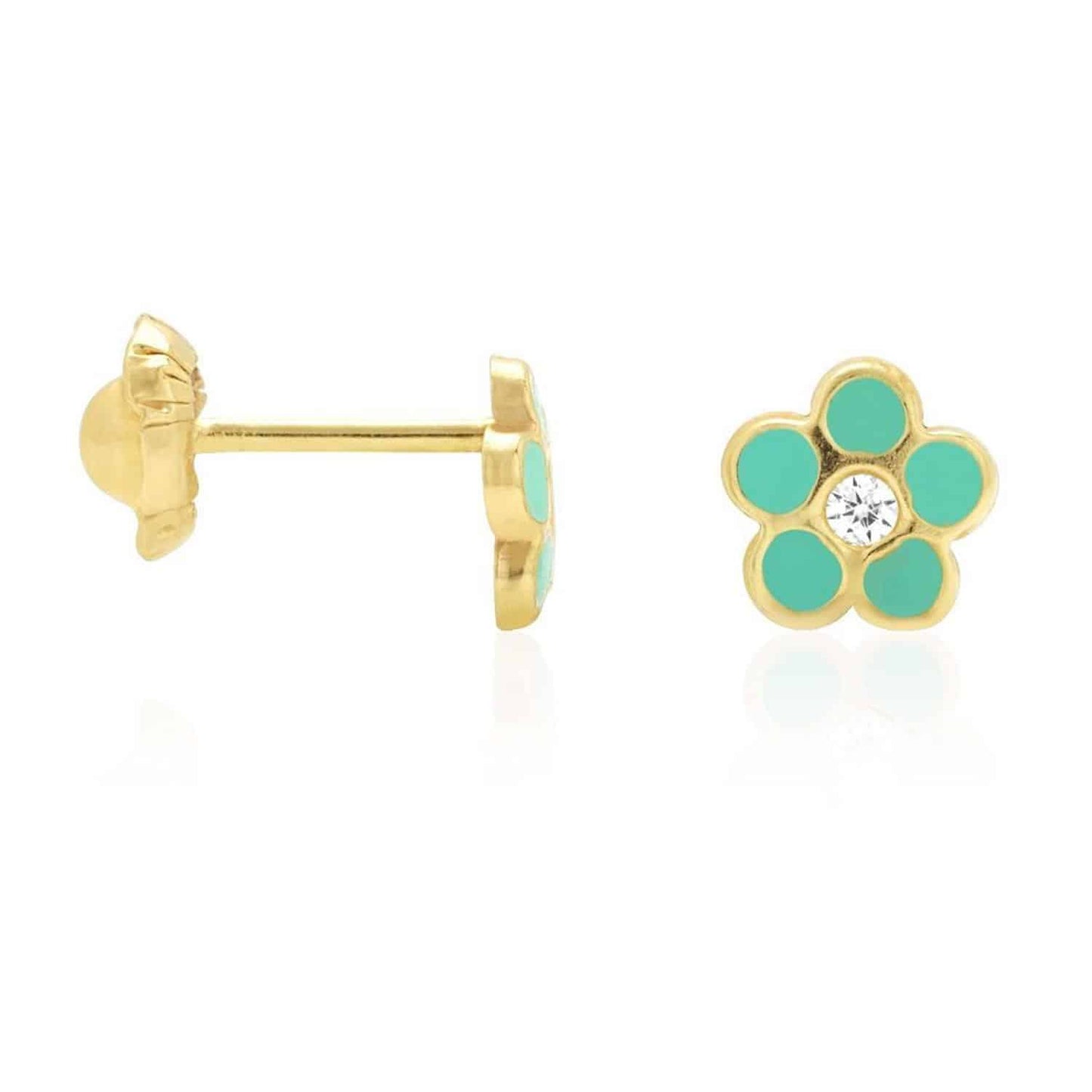 Kid's 14K Gold Red Blue Green Pink Purple Yellow Zircon Flower Stud Earrings