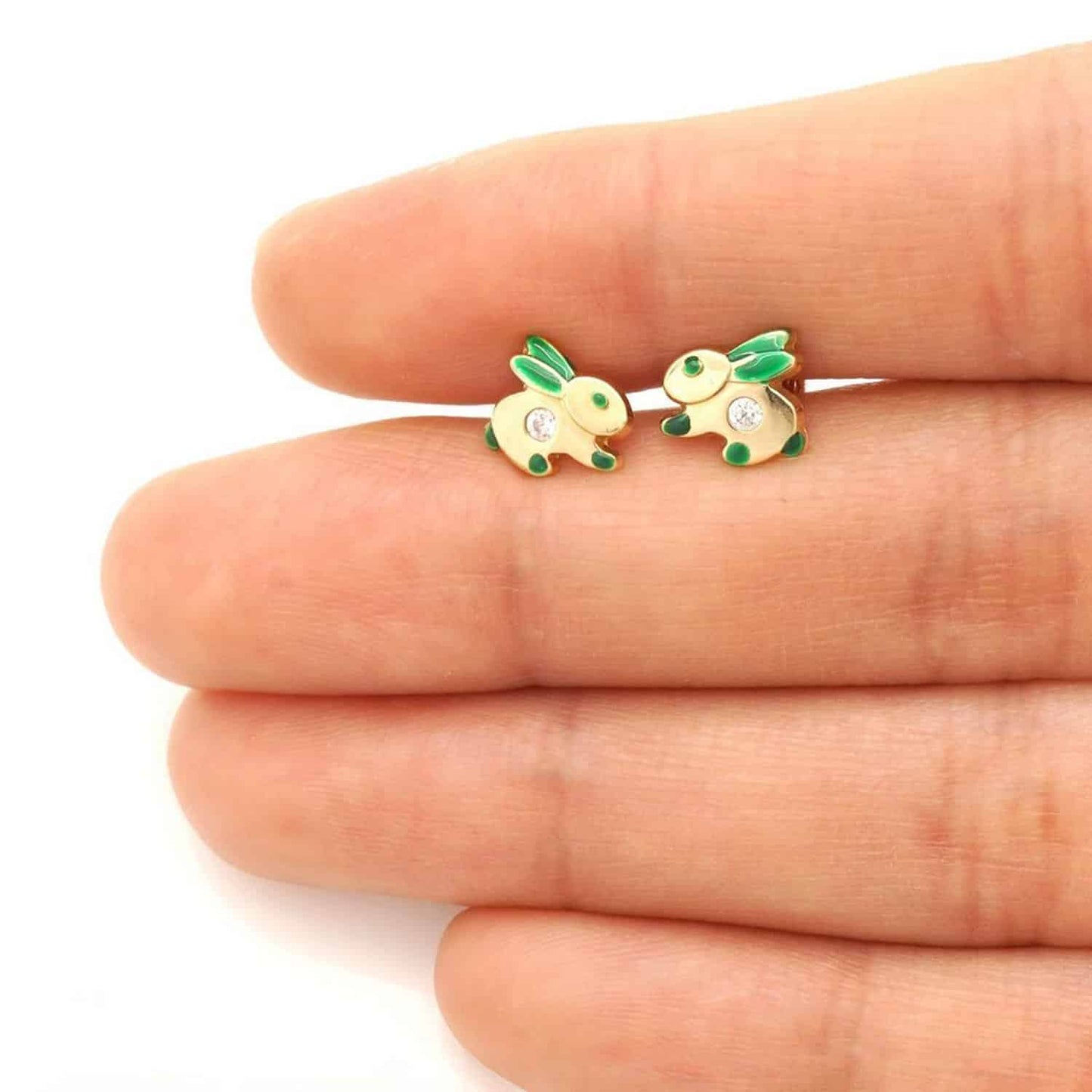 Kid's 14K Gold CZ Enamel Rabbit Stud Earrings