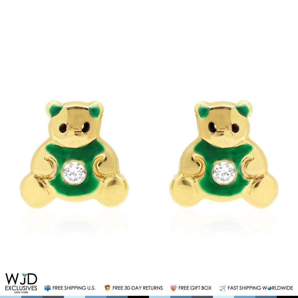 14K Real Gold Enamel CZ Teddy Bear Screwback Stud Earrings