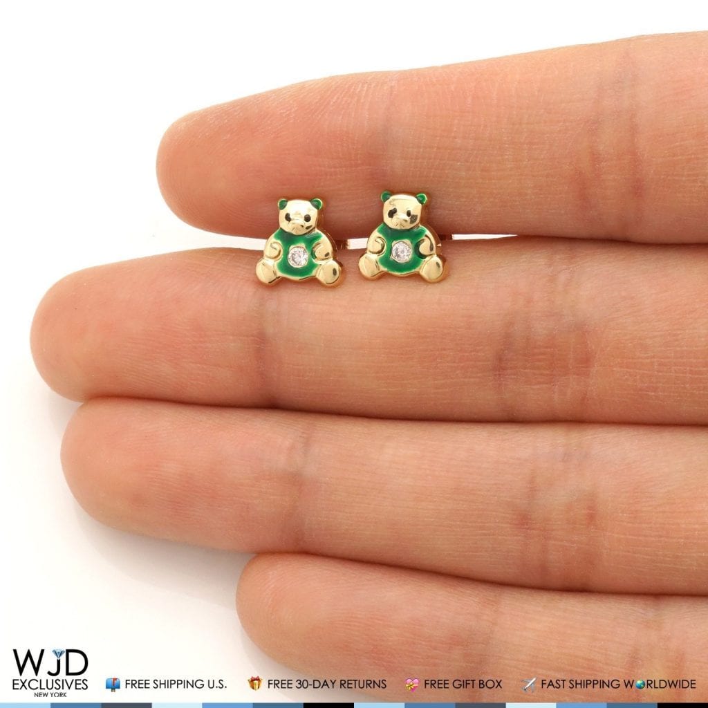 14K Real Gold Enamel CZ Teddy Bear Screwback Stud Earrings