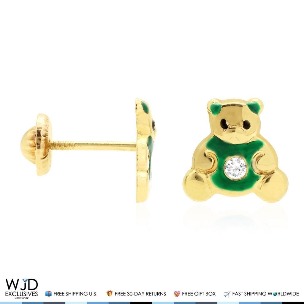 14K Real Gold Enamel CZ Teddy Bear Screwback Stud Earrings