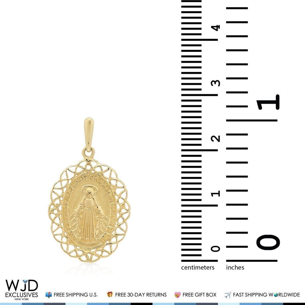 14K Yellow Gold Miraculous Virgin Mary Medal Charm Pendant 1.05"