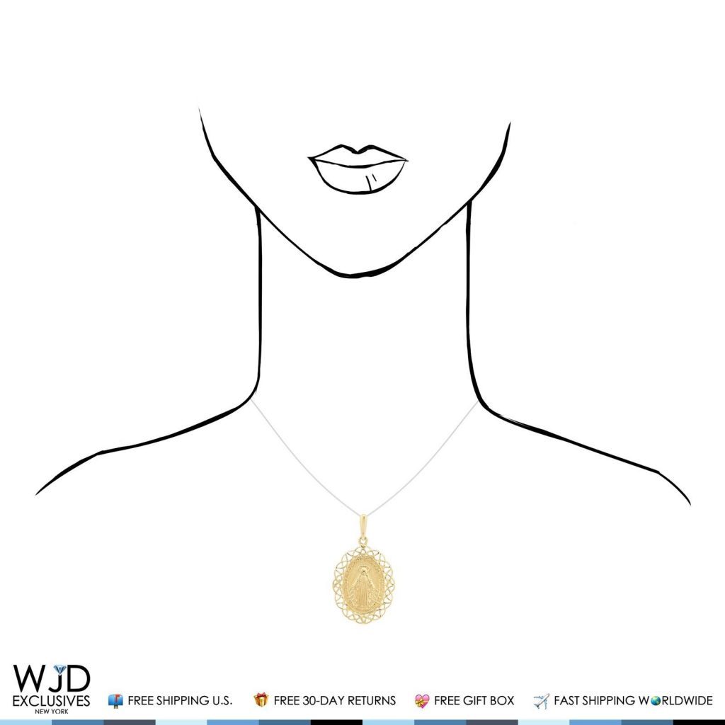 14K Yellow Gold Miraculous Virgin Mary Medal Charm Pendant 1.05"