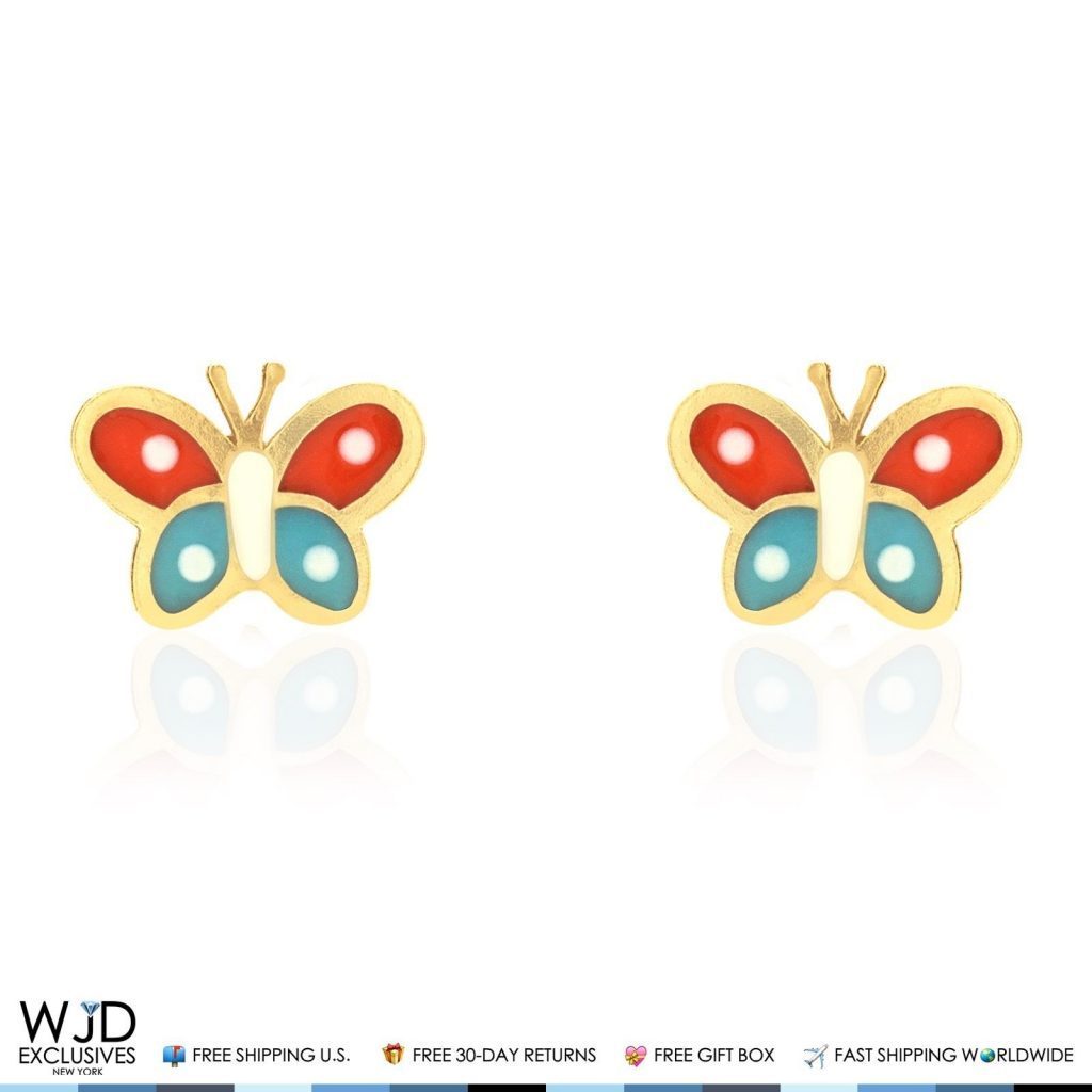 Kid's 14K Yellow Gold Orange & Blue Enamel Butterfly Screw Back Stud Earrings