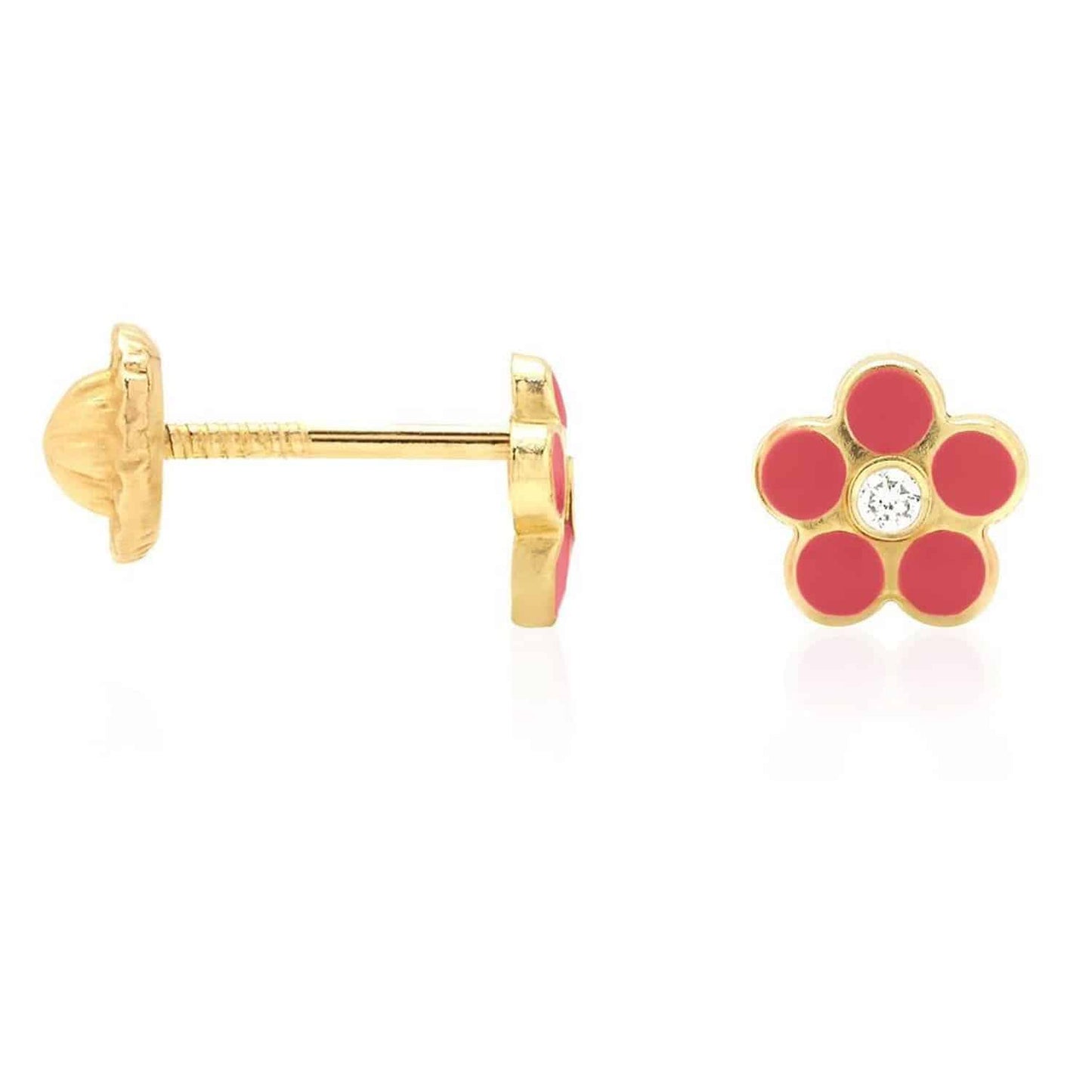 Kid's 14K Gold Red Blue Green Pink Purple Yellow Zircon Flower Stud Earrings