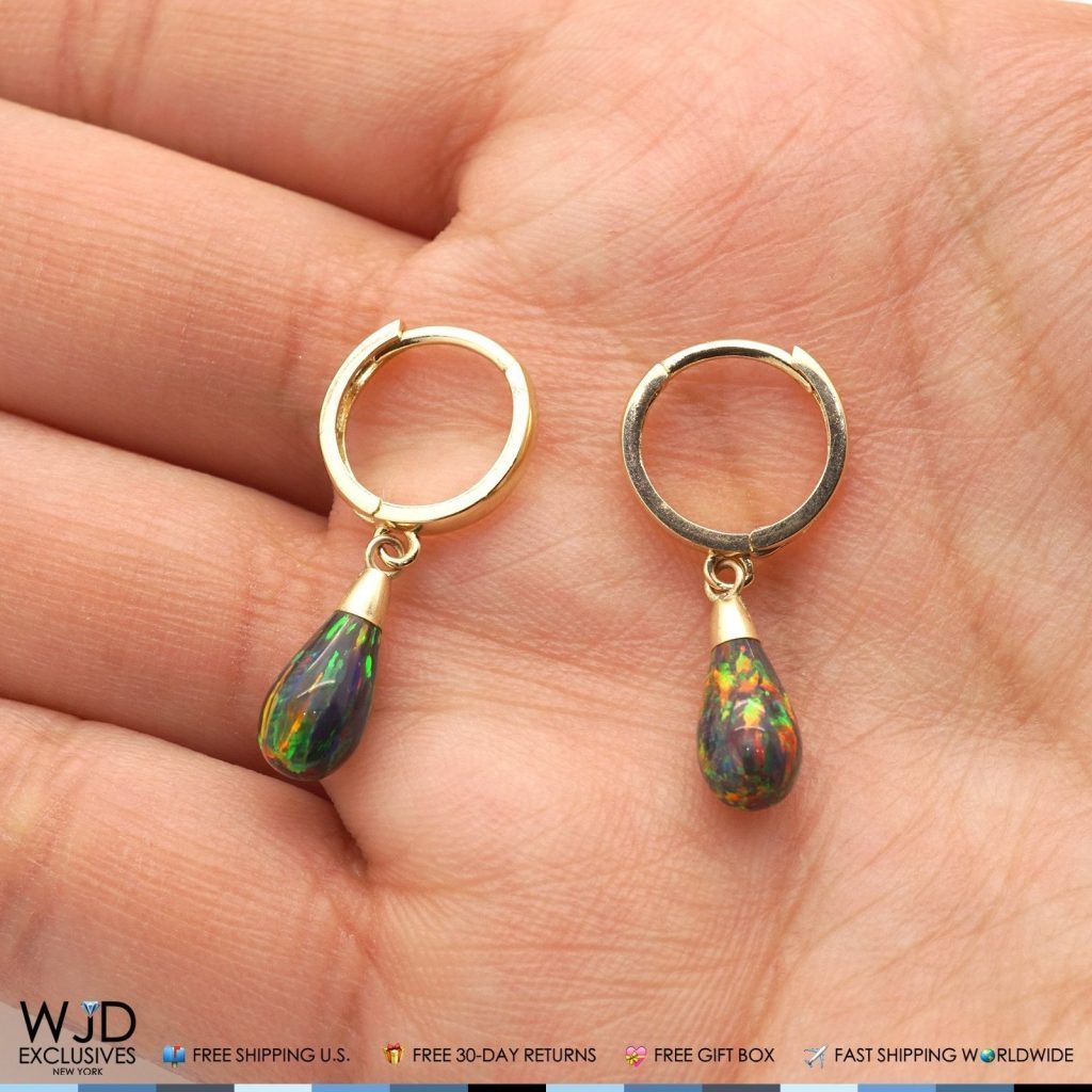 14K Yellow Gold Pear Shaped Black Fire Opal Huggie Hoop Dangle Earrings 1.06"