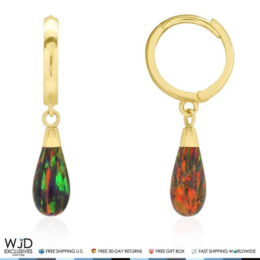 14K Yellow Gold Pear Shaped Black Fire Opal Huggie Hoop Dangle Earrings 1.06"