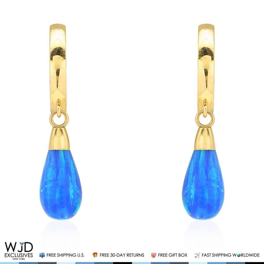 14K Yellow Gold Pear Shaped Blue Fire Opal Huggie Hoop Dangle Earrings 1"