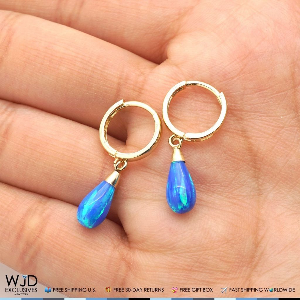 14K Yellow Gold Pear Shaped Blue Fire Opal Huggie Hoop Dangle Earrings 1"
